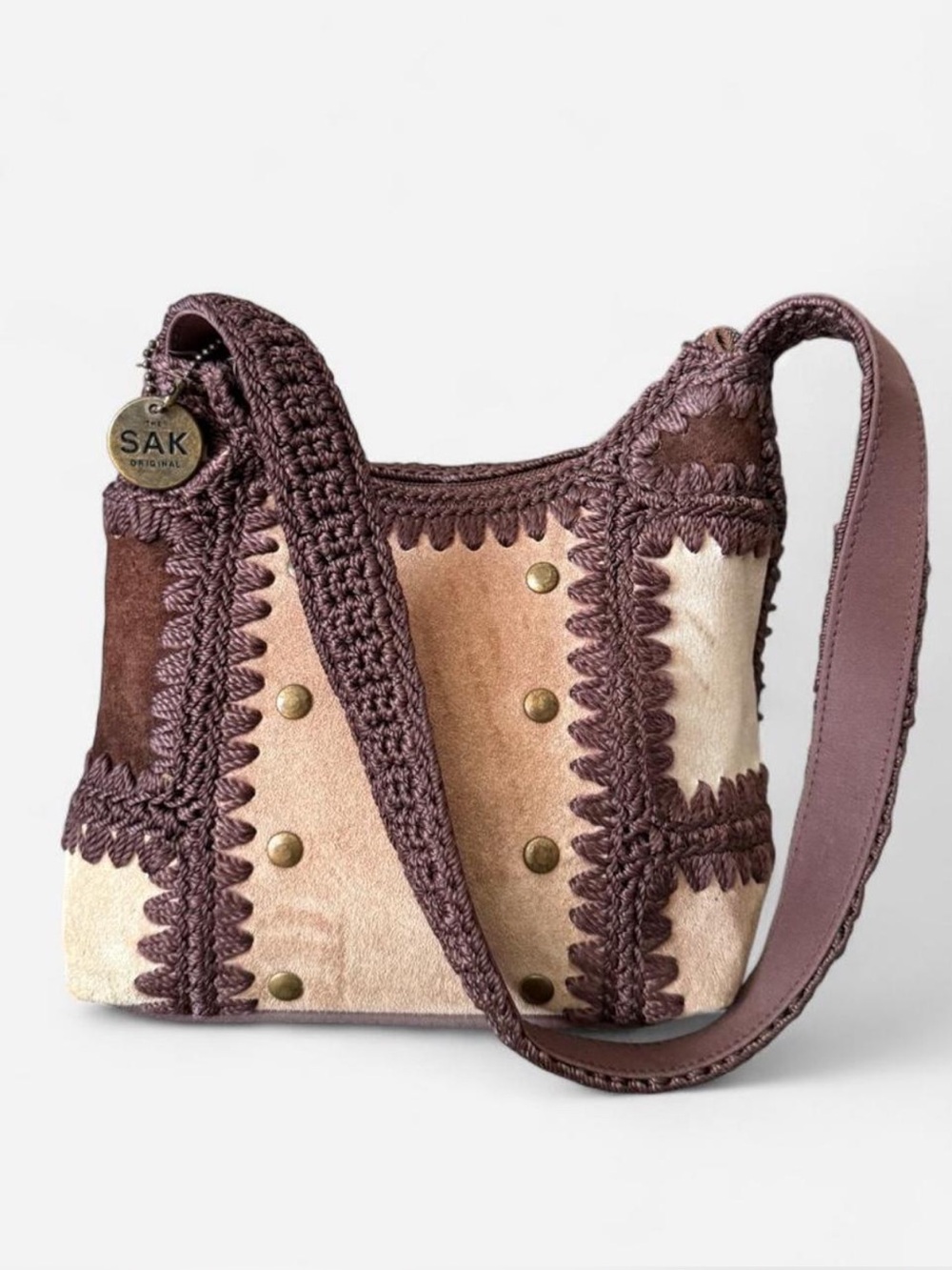 The Sak Original Brown & Cream Patchwork Suede Crochet Shoulder Bag